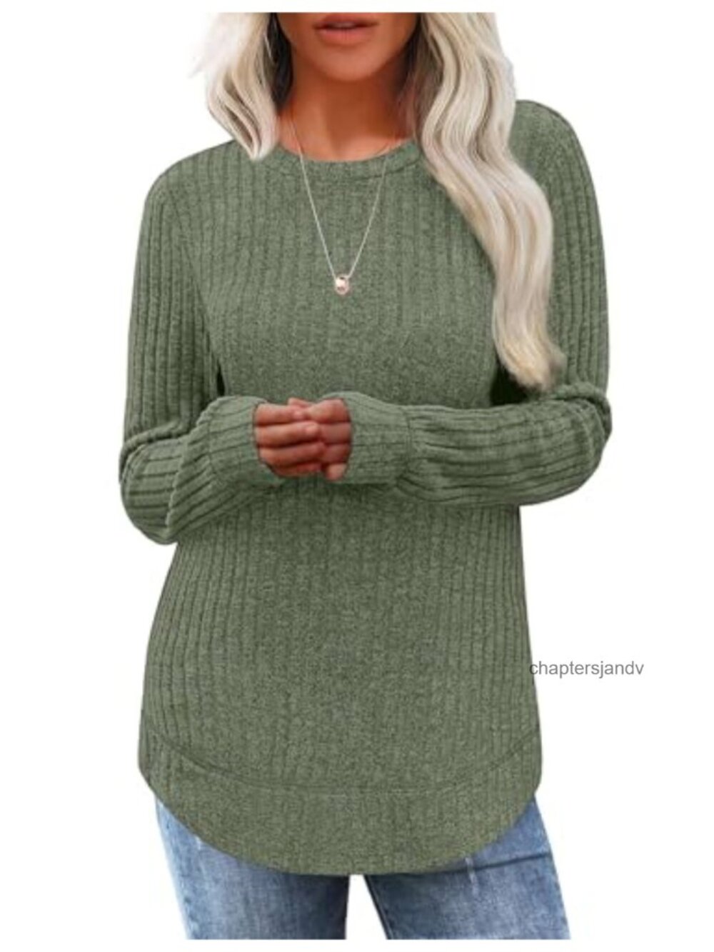 Womens Long Sleeve Tunic Sweater Ribbed Knit Crew Neck Lightweight - Picture 2 of 6